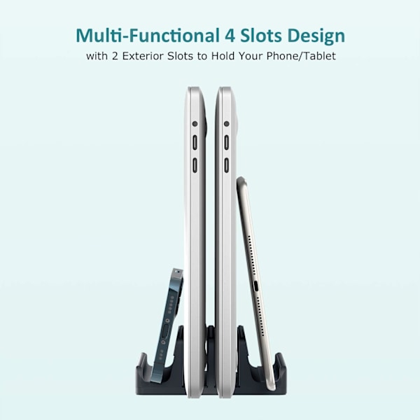Vertikal bærbar computer stand - SPACEMax justerbar GRIPLock Anti-Tip silikone 4 slots aluminium skrivebordsstativ - dobbelt dock stand - 2 telefonslots passer til op til 17,3” bærbare computere, tablets, telefoner - grå