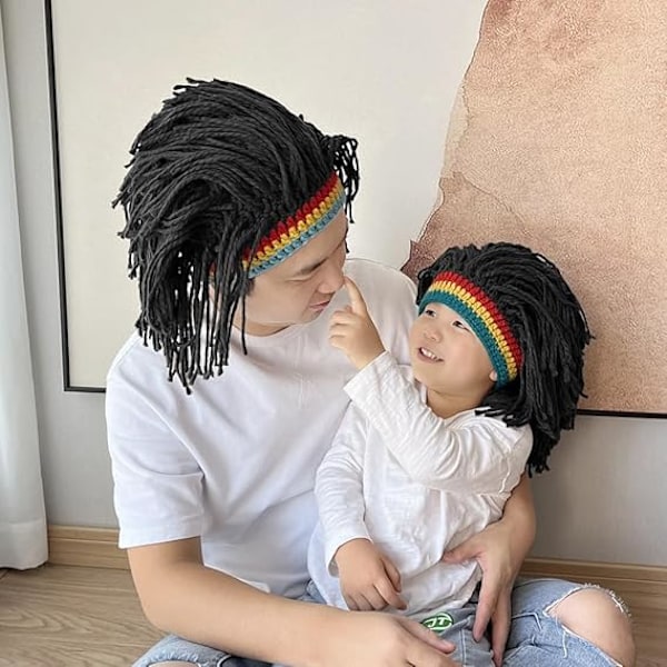 Stickad mössa för män med hår, rolig handgjord stickad vintermössa Beanie Rasta-mössa med dreadlocks, svart