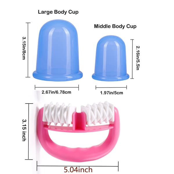 4 stk. Pink Cupping Cups + Massage Roller Silikon Cupping Sæt
