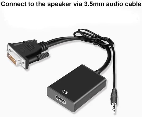 VGA-HDMI-sovitin 3,5 mm äänikaapelilla ja virtajohdolla, VGA