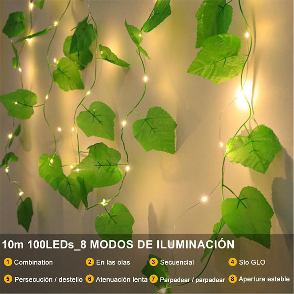 10M 100 LED Solcelled Lysstreng med Kunstige Planter, 8-Modes Vandafvisende Lysstreng til Indendørs