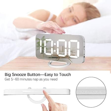(Vit) Digital väckarklocka, stor spegel LED-klocka, snooze, dimbar