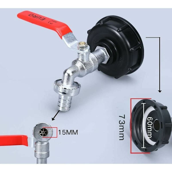 2 IBC Tank Adapters med 1/2\" gevind, hane til 1000L tank, regnvandsopsamlingshane, haneudløb, ventilforbindelse til haveslange