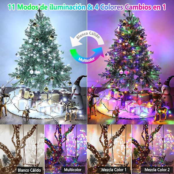 Julelys, 20 M 200 LED 11 Fargeendrende Lysmoduser, Kald Hvit og Flerfarget med Fjernkontroll-Timer, Ende til Ende Plugg