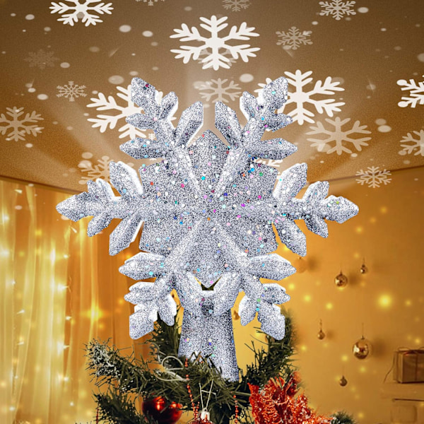 Juletrær Topper med Lys, Innebygd LED-Rotorende Snøfnugg Projektorlys, 9,6” Hul Topper med