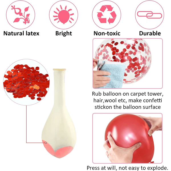 Röda och vita ballonger 12 tum, röda konfettiballonger med band, 30 st