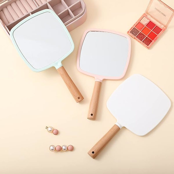1 stk Makeup Håndspejl, Lille Bærbar Træ Håndspejl til