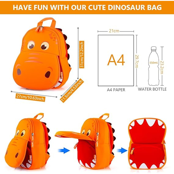 Dinosaurus Hippo Kids Taapero Reppu Pojille Tytöille Kevyt Vedenpitävä Esikoulu Matkareppu 2-7 Vuotiaille