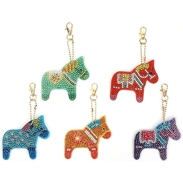 5 Stykker 5D DIY Diamantmaleri Nøgleringe med Hest