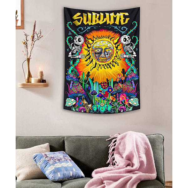 Psykedeelinen auringon seinävaate, hippi pystysuora värikäs seinävaate sienillä ja kaktuksilla makuuhuoneen sisustukseen 95*73 cm