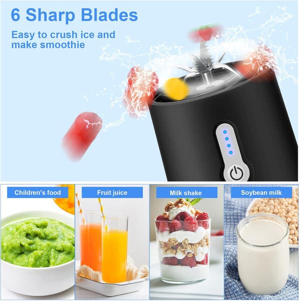 1 stk (Sort) Bærbar Blender - 6 Blade USB Genopladelig Blender