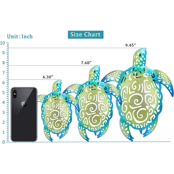 Metallveggkunst med havskilpadde-strandtema, sett med 3 for innendørs