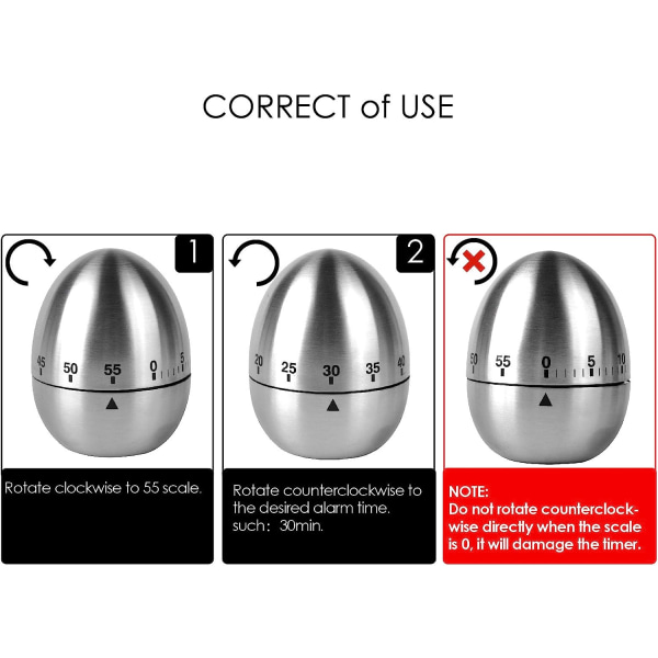 Egg Kjøkken Timer i Rustfritt Stål, Mekanisk Rotasjonsalarm, 60 Minutter