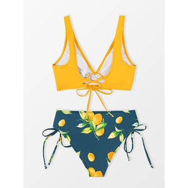Dam Bikinitop & -byxa med Rynkad Twist, Blommigt Mönster, Snörning, 2-delad