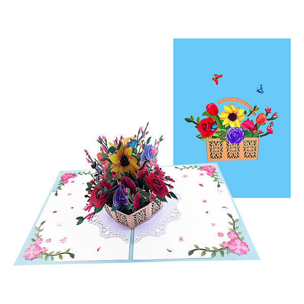 Rosakorg Pop Up-kort, Handgjort Blomsterhälsningskort, 3D