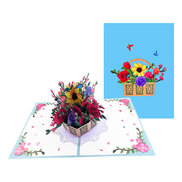 Rose Basket Pop Up Card, Handmade Flower Greeting Card, 3D