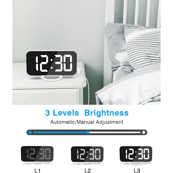 Digital väckarklocka, 6,3 tum LED-spegel elektroniska klockor, med 2 USB-laddningsportar, snooze-läge, automatisk justering av ljusstyrka