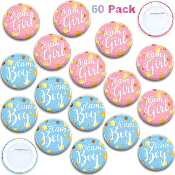 60 stycken Könsavslöjande Pins Team Pojke och Team Flicka Knappnål