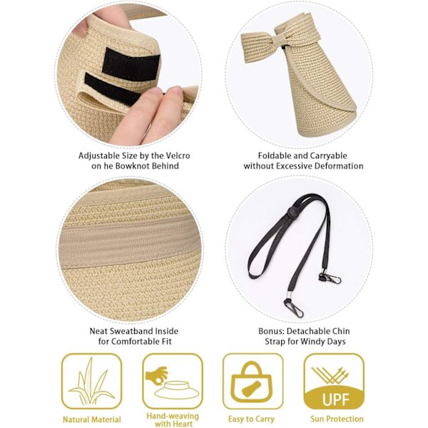 Foldbare solhatte af strå til kvinder, solbeskyttelse bredskygget solhatte justerbar topless strandhat, sort+beige