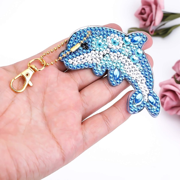 5 Stykker 5D DIY Delfin Diamantmaleri Nøkkelringer, Rhinestone