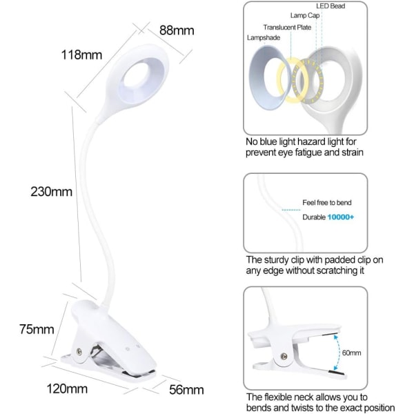 24 LED Leselys, 9 Innstillinger Øye Beskyttelse Bok Klips