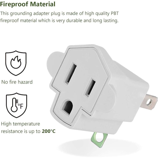 3-polet til 2-polet polarisert jordingsadapter vegguttak omformer, 3-polet adapter omformer brannsikkert materiale