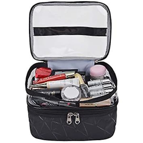 (Svart) Makeupväskor Dubbla lager Resekosmetiska väskor Makeup Organizer Toalettväskor