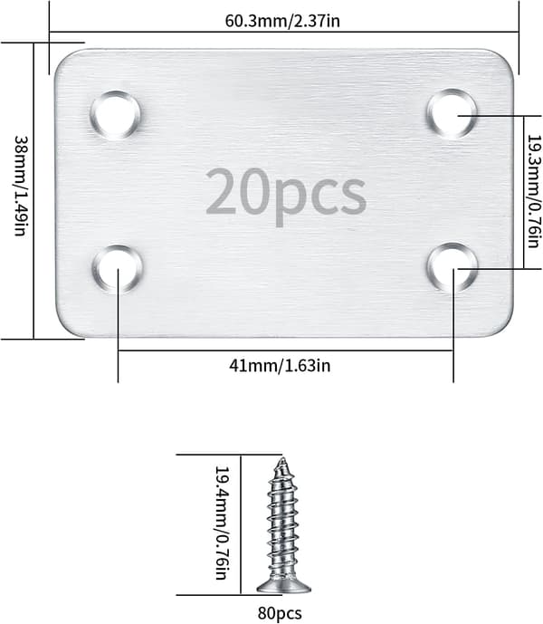 20 stk. (38x60 mm) Flade lige reparationsplader, flad plade