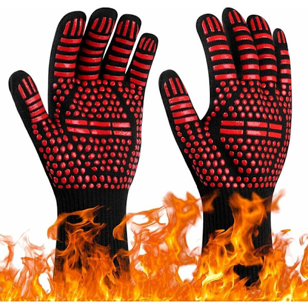 Grillhansker, Anti-Heat Ovnshansker Opptil 800°C, Varmebestandige og Sklisikre Kjøkkenhansker, Varme Kokehansker for BBQ/Ovn/Grill/Peis/Sveising/Matlaging