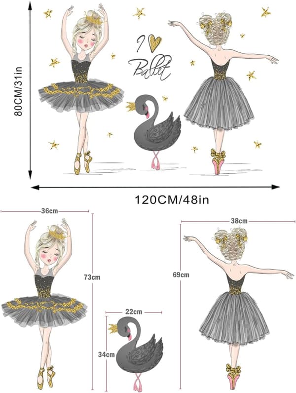 Svarta och gråa svanväggdekaler Balletflicka Barnväggdekaler