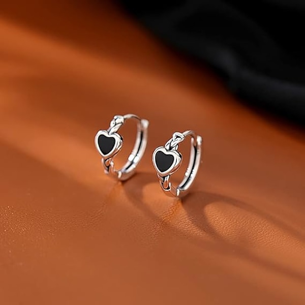 925 Sterling Sølv Svarte Hjerte Hoop Ørepynt for Kvinner Hjerte Huggie Ørepynt Hoop