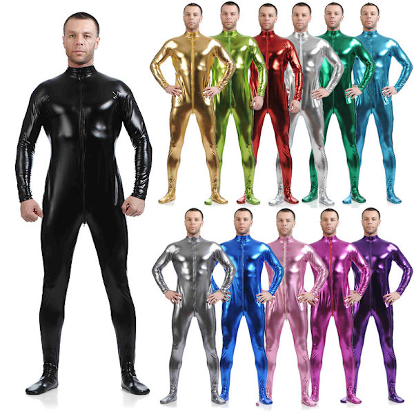 Unisex Metallic Bodysuit Zentai ilman huppua Aikuisten kiiltävä yhden kappaleen Spandex Body Suit Halloween-asu, musta