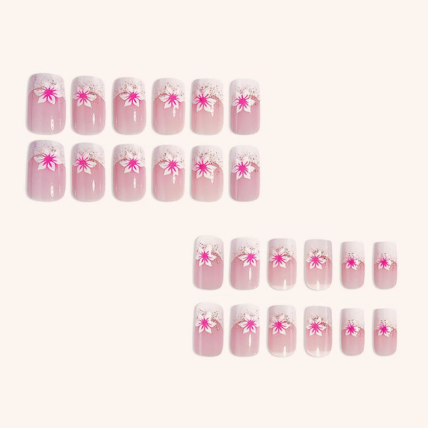 24 st French Tip Press-on Naglar Korta Kvadratiska Falska Naglar Rosa Blomma Full Cover Spets Limma på Naglar Design Nagelkonst Su
