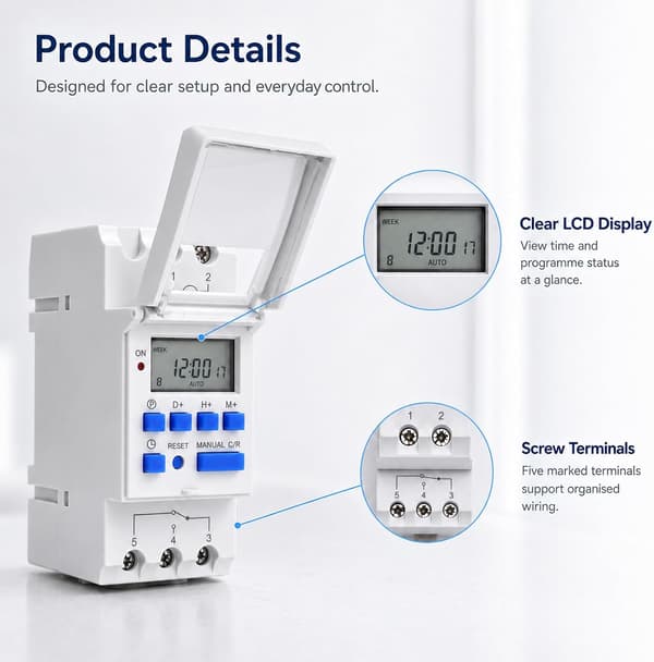 Modulär programmerbar timer för DIN-skena med digital LCD, 220V 30A, för elcentraler, varmvattenberedare och automatisk temperaturstyrning
