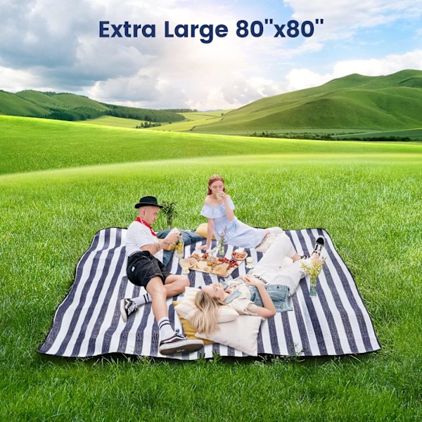80\"x 80\" Ekstra stort picnictæppe, vandtæt og foldbart strandtæppe, 3-lags udendørstæppe til 6 til 8 voksne