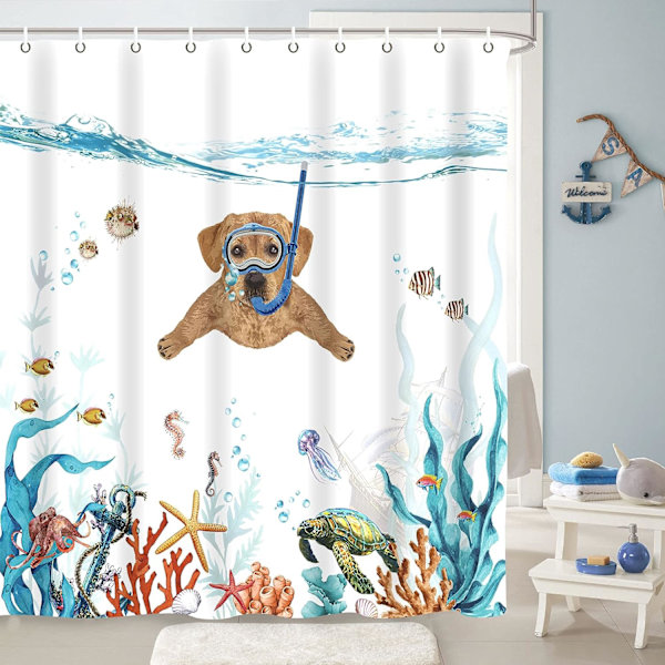 Rolig Hund Orange Duschdraperi Set, 72\" x 72\" Teal Blå Hav