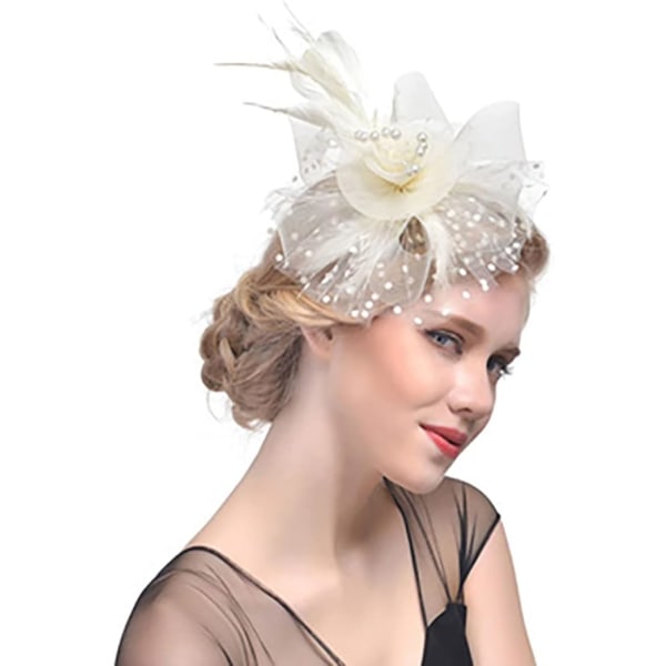 Fjäderblomma Mesh Fascinator Hatt Beige Med Hårclips Bröllop