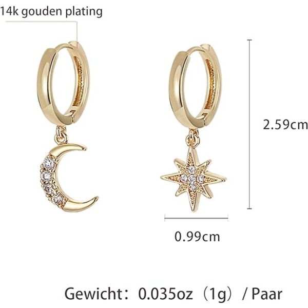 1 pair（Gold）Personality Asymmetric Crystal Star Drop Earrings