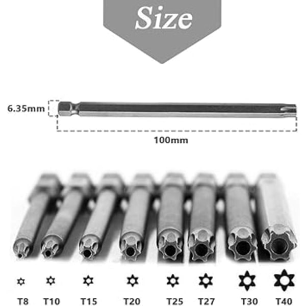 Torx Skruetrækkerbitsæt 11 stk. 100 mm Lange, 1/4\" Hex Skaft