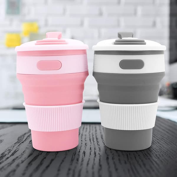 Sammenleggbar Silikon Reisekopp (Rosa + Grå), 2 stk Sammenleggbare Kopper
