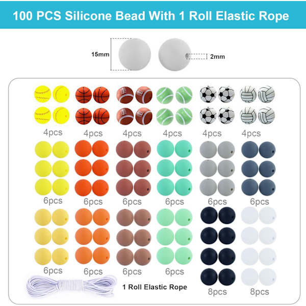 100 stk. sports silikone perler strenge 15mm fødevarekvalitet silikone