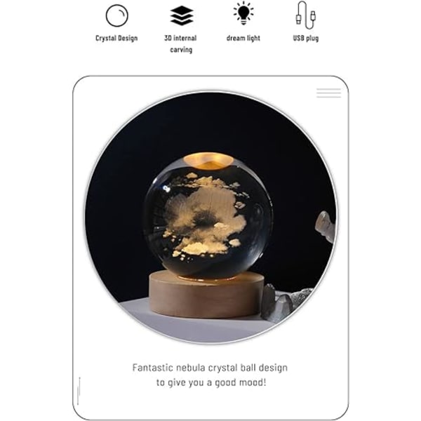 60mm krystallkule, transparent 3D-gravert solsystemkrystall