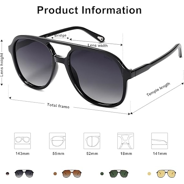 Retro Polariserende Aviator Solbriller til Mænd og Kvinder Klassiske 70'er Retro Mode Kvadratiske Aviator (Sort)