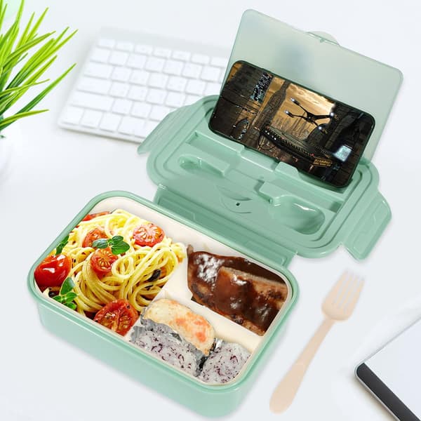 Bento lunsjboks, beholder med 3 rom, bestikk,