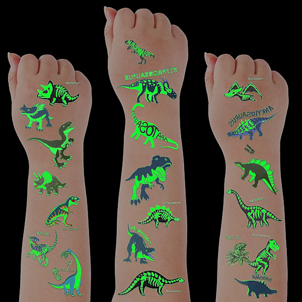 Dinosaurie-tatueringsdekaler för barnfest, lyser i mörkret