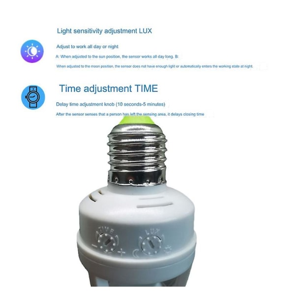 E27-sokkel, E27 LED-lysholder, bevegelsessensor: lampeholder med 360° PIR-bevegelsessensor, E27, justerbar tid og lux (119*56mm)