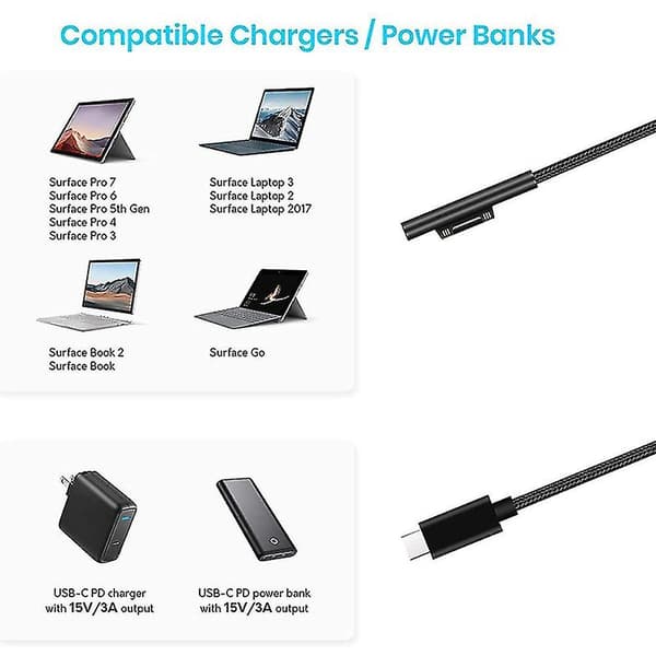 Nylonflätad Surface Connect till USB-C laddningskabel Pd 15v för