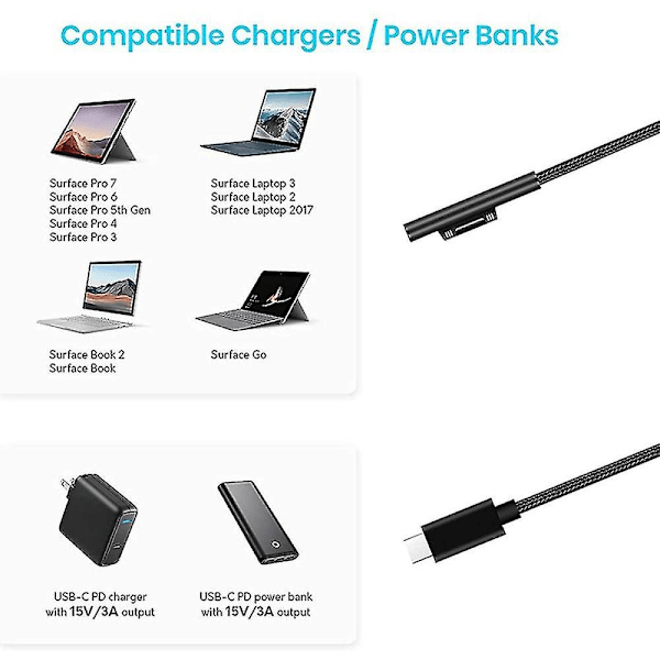 Nylonflettet Surface Connect til USB-C ladekabel Pd 15v for