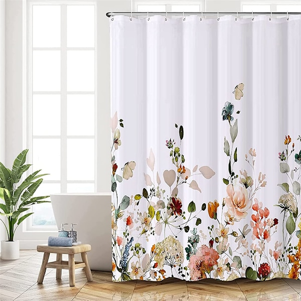 Duschdraperi Vit Enkel Växt Blomma Duschdraperi Badrum