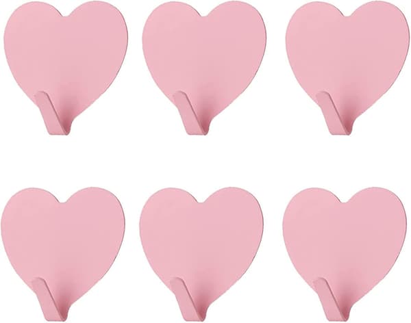 Hjerteformede dekorative veggkroker, 6-pakning, (lys rosa) Sterke